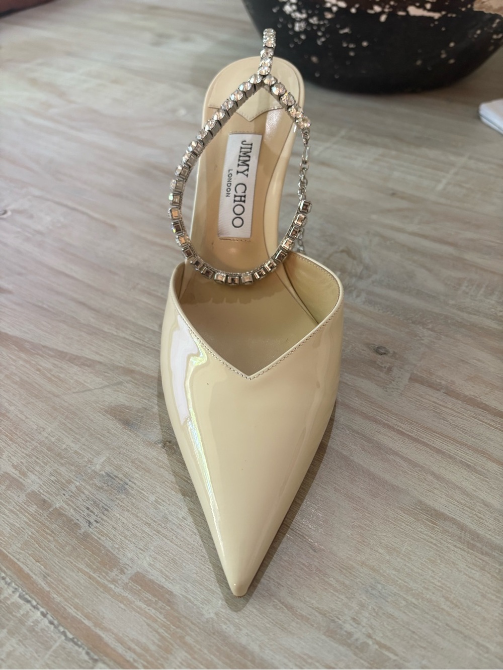 Jimmy Choo Cream Patent Pointed-Toe Mule with Crystal Strap